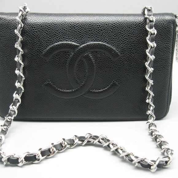 Vintage Chanel Black Caviar Leather Long Bag Wallet - Picture 1 of 16